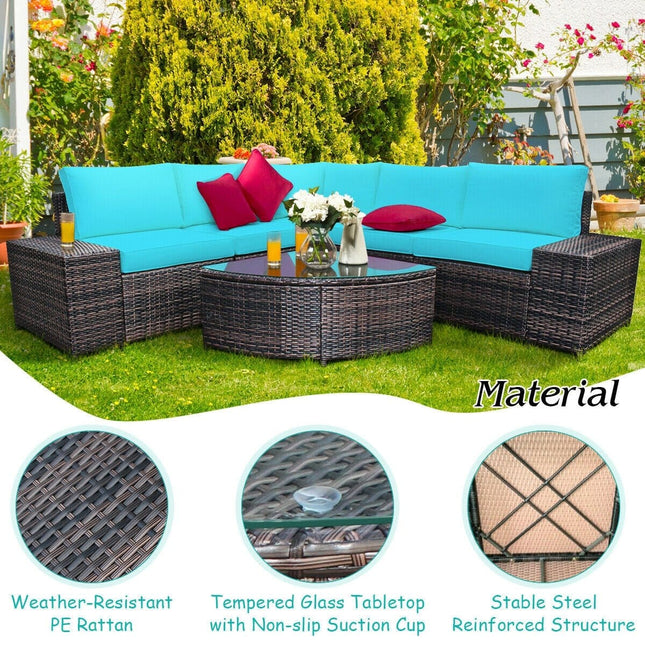 6 Piece Wicker Patio Sectional Sofa Set with Tempered Glass Coffee Table - Turquoise - Patio Furniture | Patioza