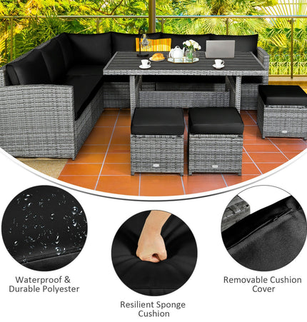 7 Pieces Patio Rattan Dining Furniture Sectional Sofa Set with Wicker Ottoman - Black - Patio Furniture | Patioza