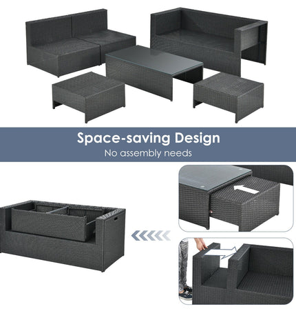 6 Pieces Patio Rattan Furniture Set with Glass Table and Cushioned Seat - Gray - Patio Furniture | Patioza