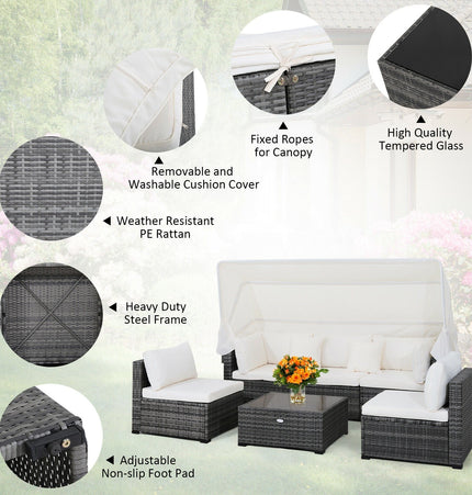 6 Pieces Patio Rattan Furniture Set with Retractable Canopy - Patio Furniture | Patioza
