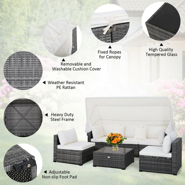 6 Pieces Patio Rattan Furniture Set with Retractable Canopy - Patio Furniture | Patioza