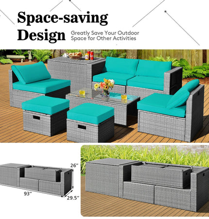 8 Pieces Patio Rattan Furniture Set with Storage Waterproof Cover and Cushion - Turquoise - Patio Furniture | Patioza