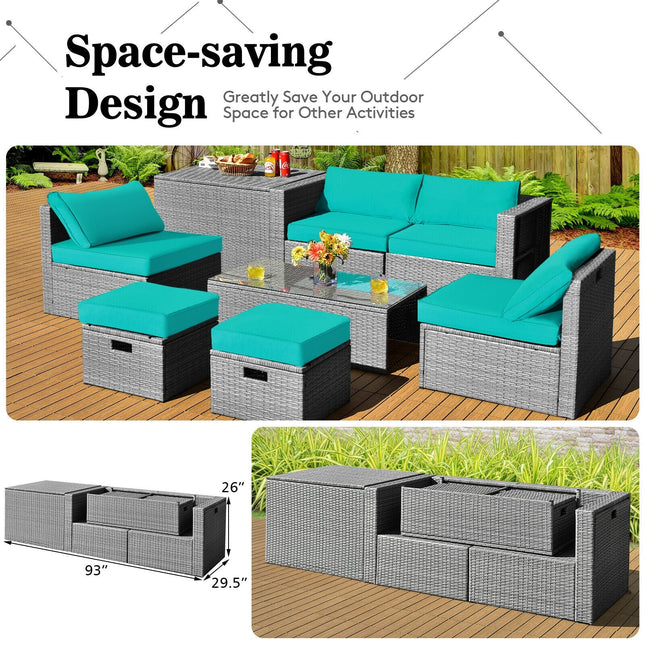 8 Pieces Patio Rattan Furniture Set with Storage Waterproof Cover and Cushion - Turquoise - Patio Furniture | Patioza