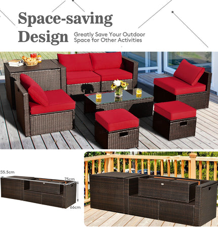 8 Pieces Patio Space - Saving Rattan Furniture Set with Storage Box and Waterproof Cover - Red - Patio Furniture | Patioza