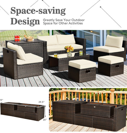 8 Pieces Patio Space - Saving Rattan Furniture Set with Storage Box and Waterproof Cover - White - Patio Furniture | Patioza