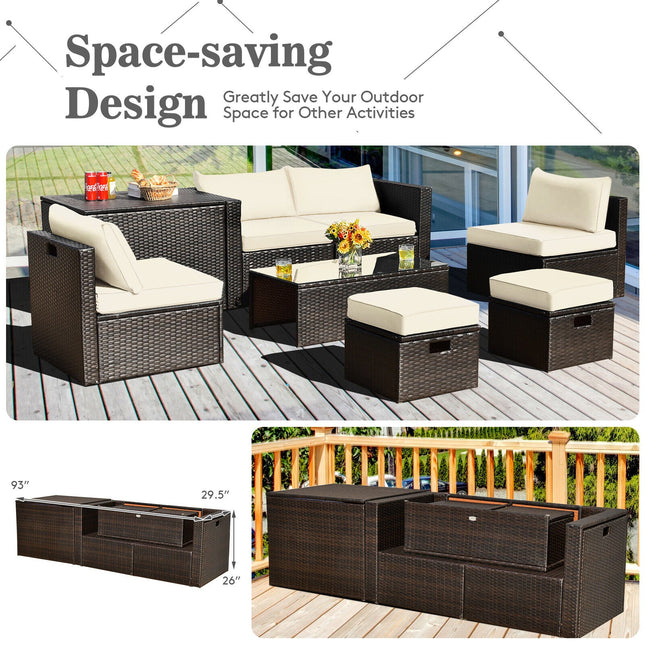 8 Pieces Patio Space - Saving Rattan Furniture Set with Storage Box and Waterproof Cover - White - Patio Furniture | Patioza