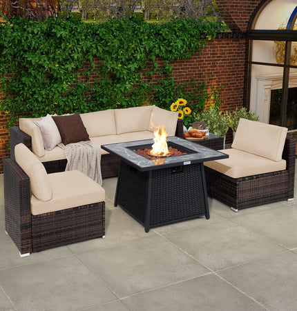 7 Pieces Patio Furniture Set with 35 Inches 50000 BTU Propane Gas Fire Pit Table and Waterproof Cover for Firpit - Beige - Fire Pits | Patioza
