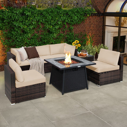7 Pieces Patio Furniture Set with 35 Inches 50000 BTU Propane Gas Fire Pit Table and Waterproof Cover for Firpit - Beige - Fire Pits | Patioza