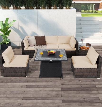 7 Pieces Patio Furniture Set with 35 Inches 50000 BTU Propane Gas Fire Pit Table and Waterproof Cover for Firpit - Beige - Fire Pits | Patioza