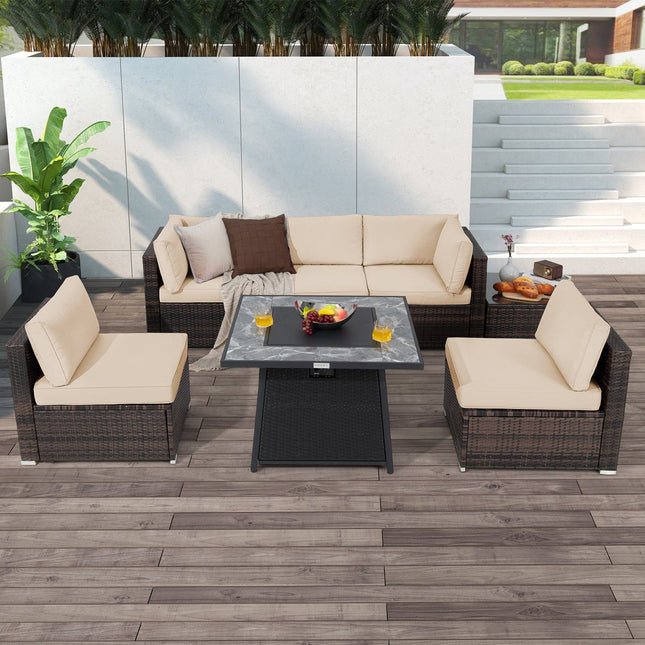 7 Pieces Patio Furniture Set with 35 Inches 50000 BTU Propane Gas Fire Pit Table and Waterproof Cover for Firpit - Beige - Fire Pits | Patioza