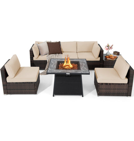 7 Pieces Patio Furniture Set with 35 Inches 50000 BTU Propane Gas Fire Pit Table and Waterproof Cover for Firpit - Beige - Fire Pits | Patioza