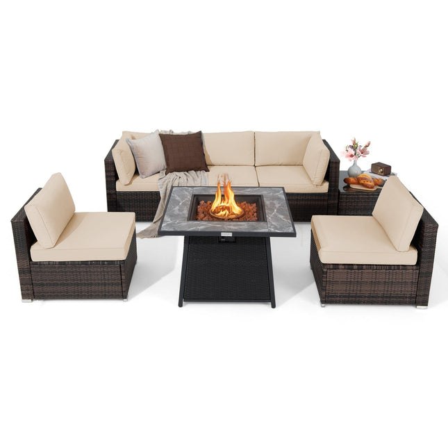 7 Pieces Patio Furniture Set with 35 Inches 50000 BTU Propane Gas Fire Pit Table and Waterproof Cover for Firpit - Beige - Fire Pits | Patioza