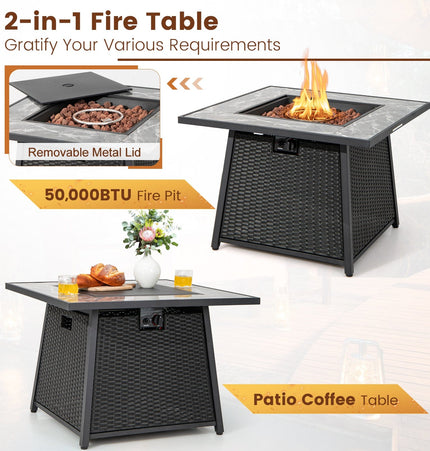 7 Pieces Patio Furniture Set with 35 Inches 50000 BTU Propane Gas Fire Pit Table and Waterproof Cover for Firpit - Beige - Fire Pits | Patioza