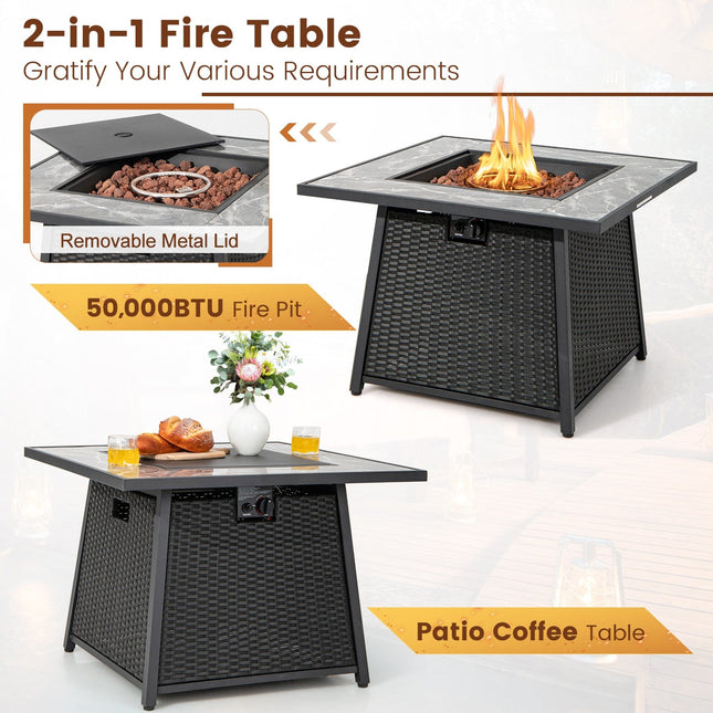 7 Pieces Patio Furniture Set with 35 Inches 50000 BTU Propane Gas Fire Pit Table and Waterproof Cover for Firpit - Beige - Fire Pits | Patioza