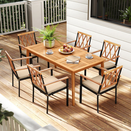 7 Piece Patio Acacia Wood Dining Set Solid Wooden Dining Furniture with Umbrella Hole - Patio Furniture | Patioza