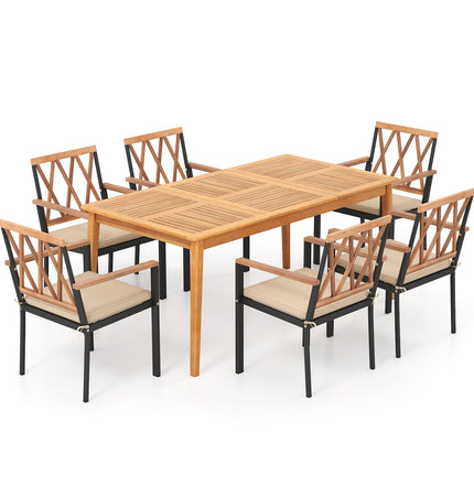 7 Piece Patio Acacia Wood Dining Set Solid Wooden Dining Furniture with Umbrella Hole - Patio Furniture | Patioza