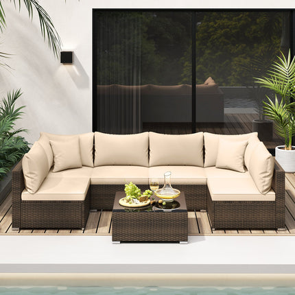 7 Pieces Patio Rattan Furniture Set with Sectional Sofa Cushions - Beige - Patio Furniture | Patioza