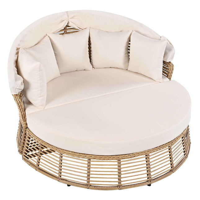 Outdoor Patio Rattan Round Daybed with Retractable Canopy, Wicker - Furniture | Patioza