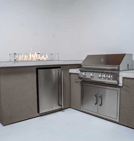 KoKoMo Outdoor Kitchen Island with Fire Feature – 7'6" x 9' - Outdoor Kitchen | Patioza