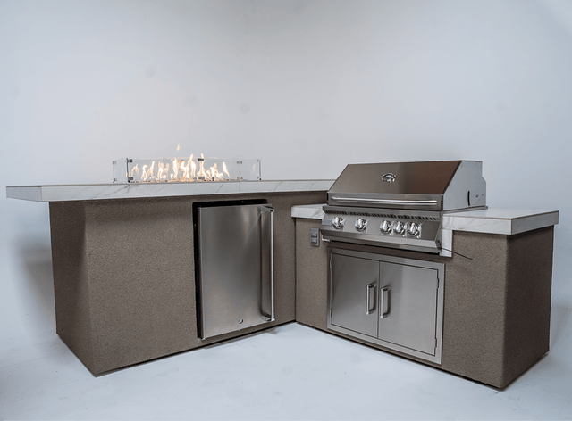 KoKoMo Outdoor Kitchen Island with Fire Feature – 7'6" x 9' - Outdoor Kitchen | Patioza