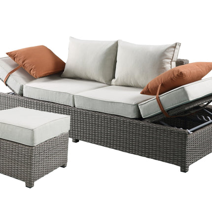 Salena - All Weather Wicker Patio Sofa & Ottoman With 2 Toss Pillows - Beige / Gray - 2 Piece Outdoor Sets | Patioza