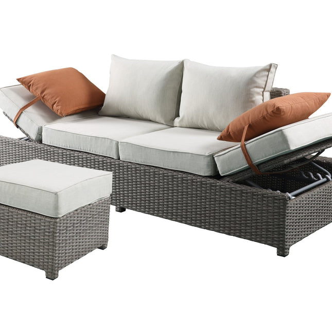 Salena - All Weather Wicker Patio Sofa & Ottoman With 2 Toss Pillows - Beige / Gray - 2 Piece Outdoor Sets | Patioza