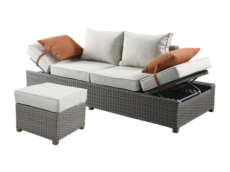 Salena - All Weather Wicker Patio Sofa & Ottoman With 2 Toss Pillows - Beige / Gray - 2 Piece Outdoor Sets | Patioza