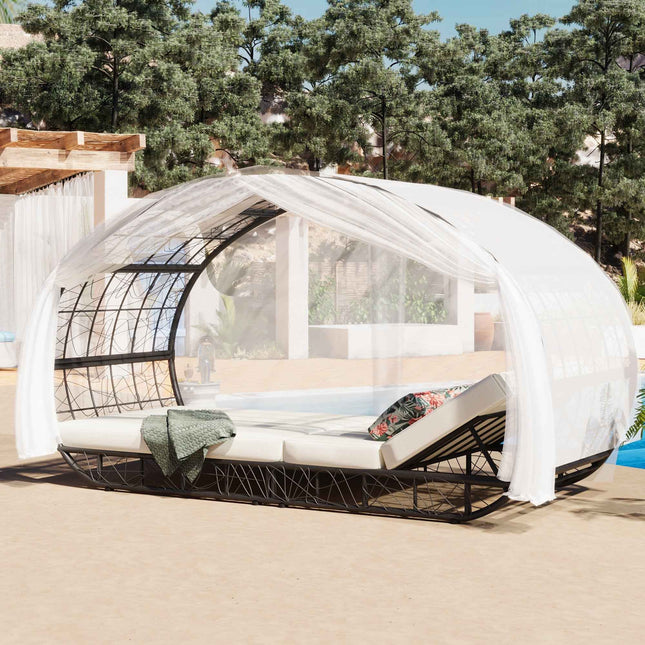 90.55" Outdoor Patio Daybed with Curtain, Sunbed with Cushion and - Furniture | Patioza