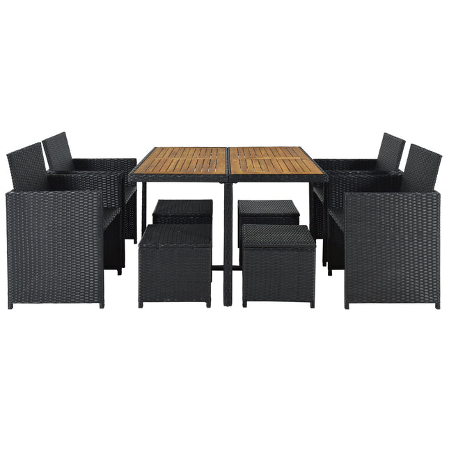 TOPMAX Patio All - Weather PE Wicker Dining Table Set with Wood Tabletop for 8, Black Rattan+Beige Cushion (9 - Piece) - Patio Furniture | Patioza