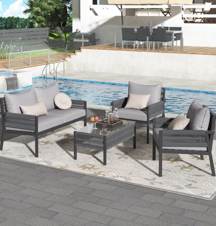 Outdoor Furniture with Tempered Glass Table Deep Seating with Thick Cushion for Backyard Porch Balcony (Grey) - Patio Furniture | Patioza