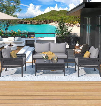 Outdoor Furniture with Tempered Glass Table Deep Seating with Thick Cushion for Backyard Porch Balcony (Grey) - Patio Furniture | Patioza