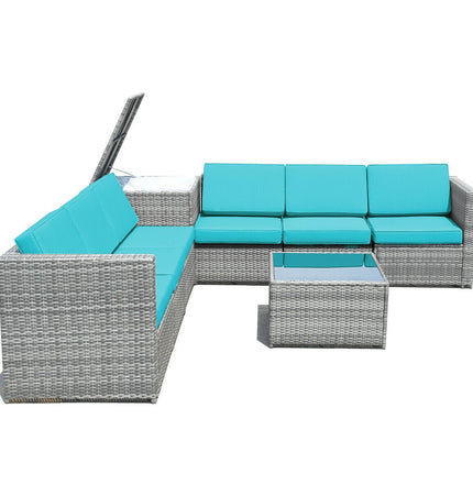 8 Piece Wicker Sofa Rattan Dinning Set Patio Furniture with Storage Table - Turquoise - Patio Furniture | Patioza