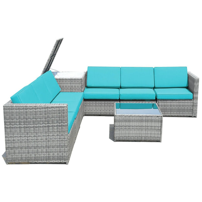 8 Piece Wicker Sofa Rattan Dinning Set Patio Furniture with Storage Table - Turquoise - Patio Furniture | Patioza