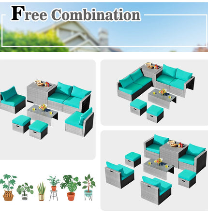8 Pieces Patio Rattan Furniture Set with Storage Waterproof Cover and Cushion - Turquoise - Patio Furniture | Patioza