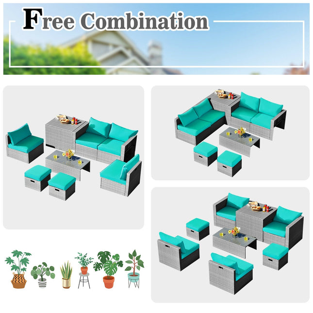 8 Pieces Patio Rattan Furniture Set with Storage Waterproof Cover and Cushion - Turquoise - Patio Furniture | Patioza