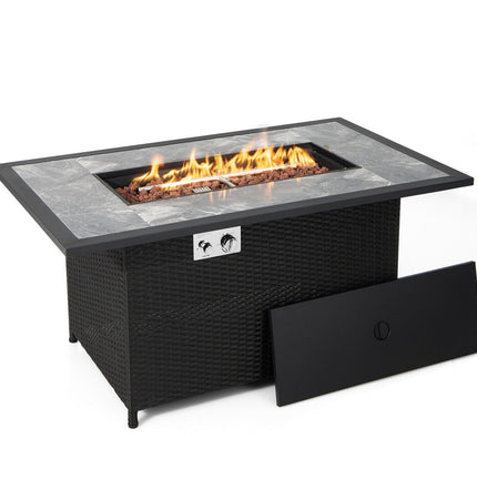 52 Inch Rattan Wicker Propane Fire Pit Table with Rain Cover and Lava Rock - Black - Patio Furniture | Patioza