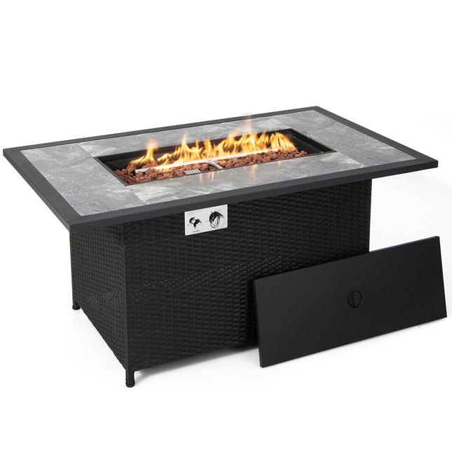 52 Inch Rattan Wicker Propane Fire Pit Table with Rain Cover and Lava Rock - Black - Patio Furniture | Patioza