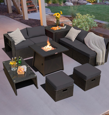 9 Piece Weatherproof Rattan Patio Conversation Set with 30 Inches Propane Fire Pit Table and Dust Covers - Gray - Patio Furniture | Patioza