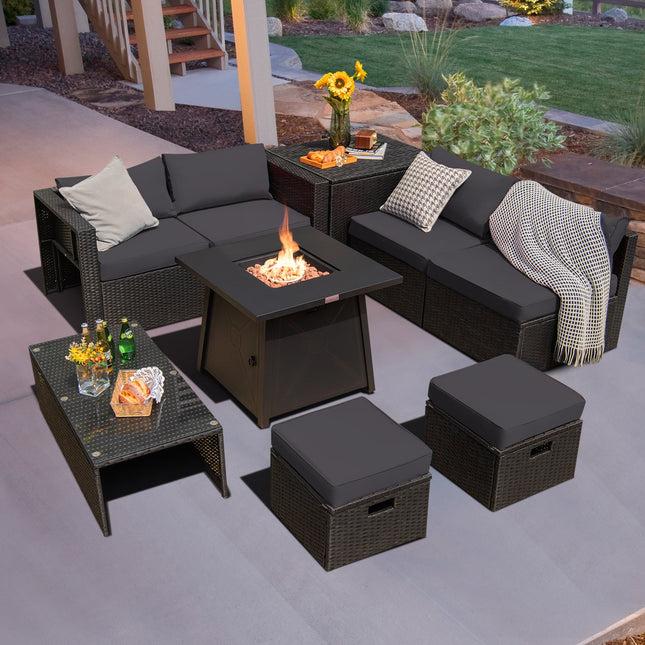 9 Piece Weatherproof Rattan Patio Conversation Set with 30 Inches Propane Fire Pit Table and Dust Covers - Gray - Patio Furniture | Patioza