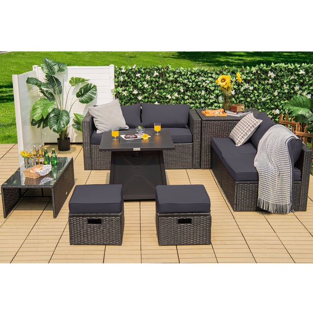 9 Piece Weatherproof Rattan Patio Conversation Set with 30 Inches Propane Fire Pit Table and Dust Covers - Gray - Patio Furniture | Patioza