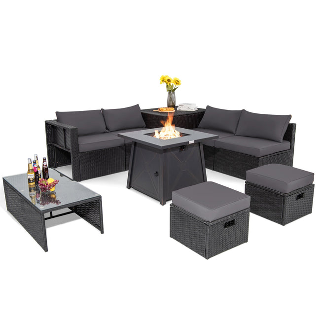 9 Piece Weatherproof Rattan Patio Conversation Set with 30 Inches Propane Fire Pit Table and Dust Covers - Gray - Patio Furniture | Patioza