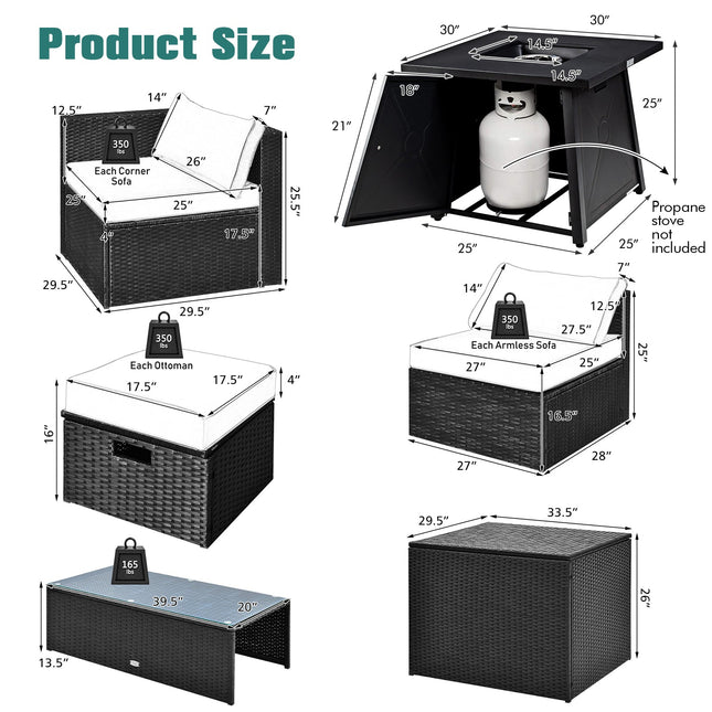 9 Piece Weatherproof Rattan Patio Conversation Set with 30 Inches Propane Fire Pit Table and Dust Covers - Gray - Patio Furniture | Patioza