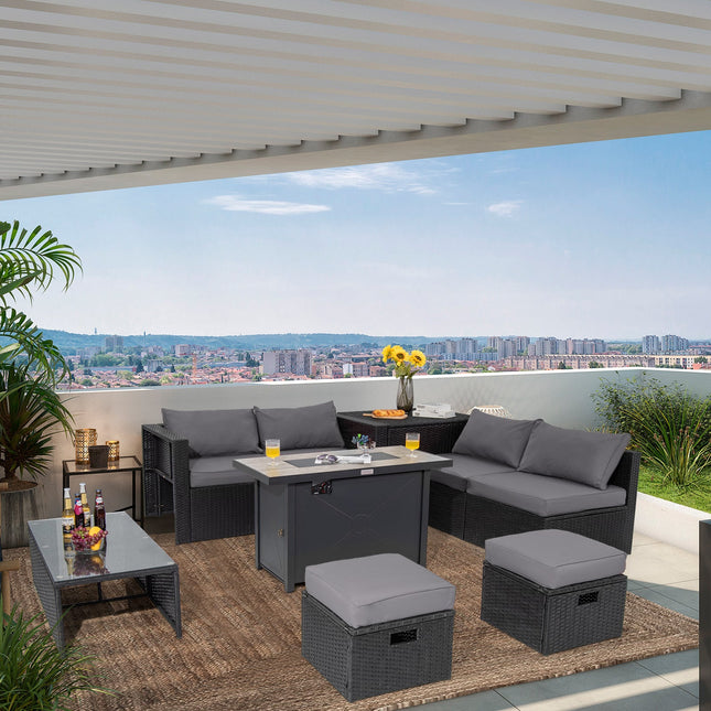 9 Pieces Outdoor PE Rattan Wicker Sectional Sofa with 42 Inch 60 000 BTU Gas Fire Pit Table - Gray - Patio Furniture | Patioza