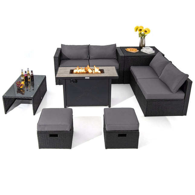 9 Pieces Outdoor PE Rattan Wicker Sectional Sofa with 42 Inch 60 000 BTU Gas Fire Pit Table - Gray - Patio Furniture | Patioza