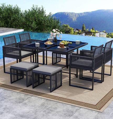 9 Pieces Patio Dining Set with Cushions for Yard Garden - Gray - Patio Furniture | Patioza