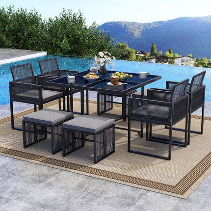 9 Pieces Patio Dining Set with Cushions for Yard Garden - Gray - Patio Furniture | Patioza