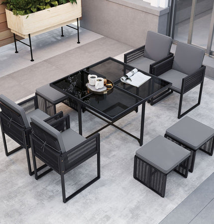 9 Pieces Patio Dining Set with Cushions for Yard Garden - Gray - Patio Furniture | Patioza