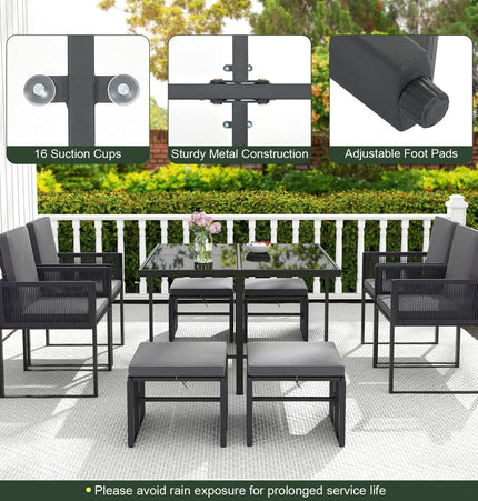 9 Pieces Patio Dining Set with Cushions for Yard Garden - Gray - Patio Furniture | Patioza