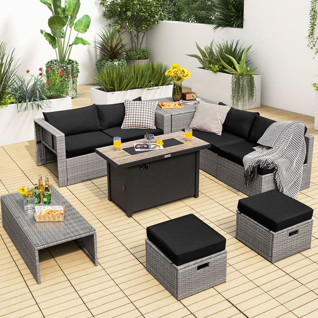 9 Pieces Patio Furniture Set with 42 Inches 60000 BTU Fire Pit - Black - Fire Pits | Patioza