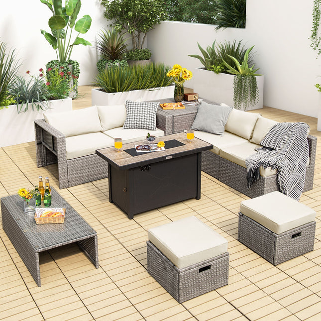 9 Pieces Patio Furniture Set with 42 Inches 60000 BTU Fire Pit - White - Fire Pits | Patioza